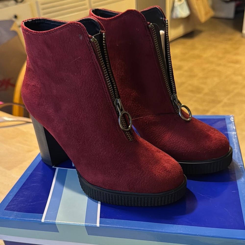 White Mountain Burgundy Fabric Heeled Boots with Chunky Heel style Thoughtful